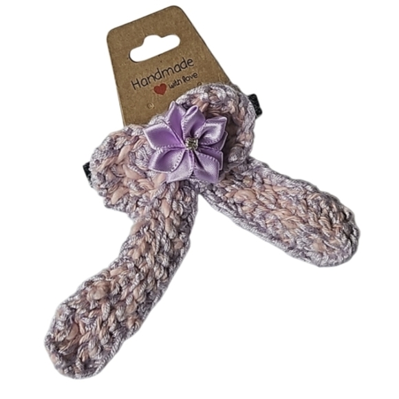 Hand Crafted Purple Crochet  Bow Hair Clip Accessory 2.5" black alligator clip - Picture 3 of 17
